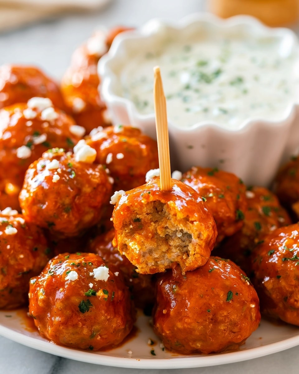 The image shows a white plate full of shiny orange buffalo meatballs, each coated in a smooth, glossy sauce with small bits of green herbs visible on the surface. One meatball is pierced with a wooden skewer, revealing a moist, textured inside with a light orange color mixed with bits of white and green. Tiny white crumbles are sprinkled on top of the meatballs, adding texture contrast. In the background, there is a white scalloped bowl filled with creamy white dipping sauce that has small green herb pieces spread throughout. The whole scene is set on a white marbled surface. Photo taken with an iphone --ar 4:5 --v 7