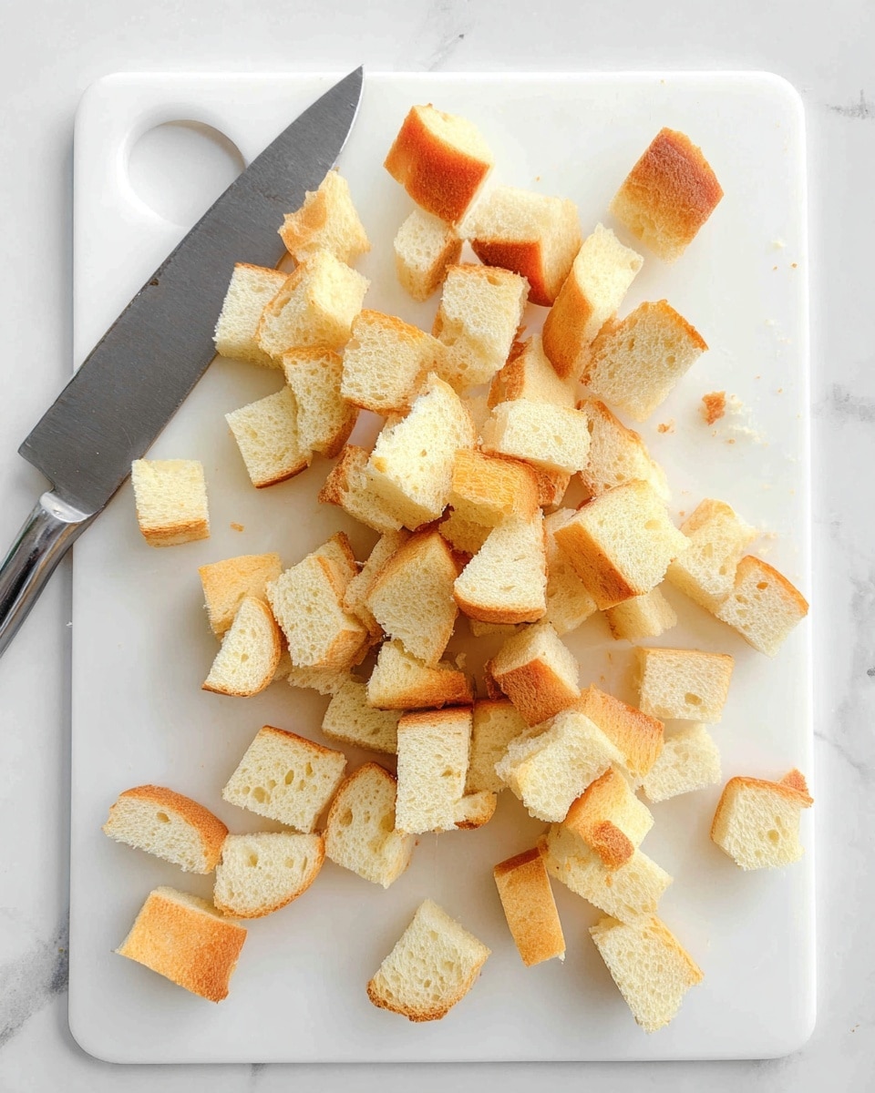 A white cutting board with many small light yellow bread cubes with golden brown crust scattered on it. A large silver knife rests on the left side of the board. The background is a white marbled texture. photo taken with an iphone --ar 4:5 --v 7