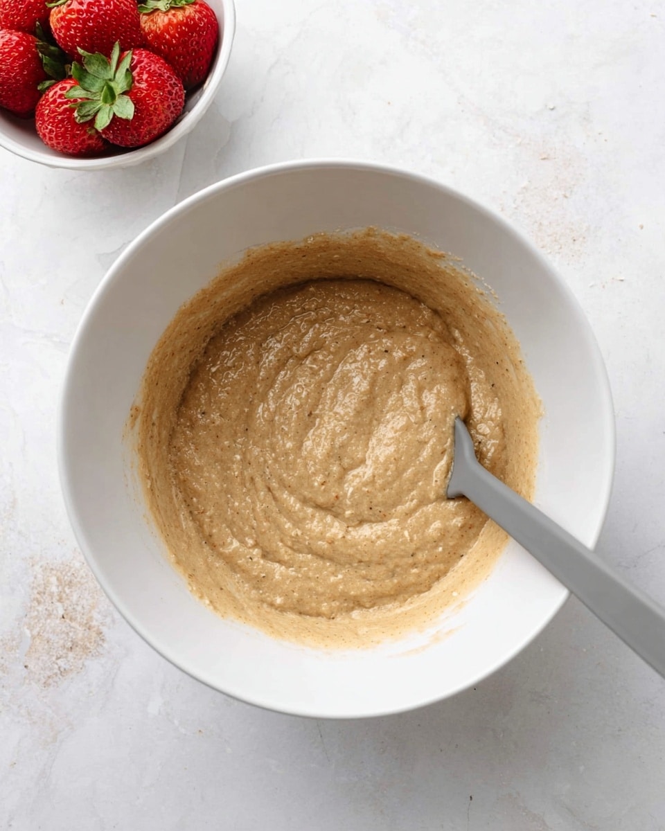 A white bowl holds a thick, light brown batter with visible oat pieces mixed throughout. The batter has a creamy, slightly chunky texture and is swirled gently in the bowl. A gray spatula rests inside the bowl, partially covered in the batter. In the top left corner, a small white bowl contains bright red strawberries with green stems, and a few strawberries are scattered nearby. The background is a white marbled texture. photo taken with an iphone --ar 4:5 --v 7