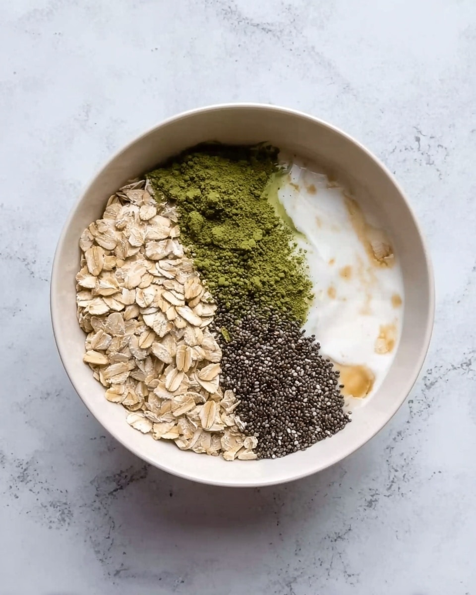 A white bowl on a white marbled surface is filled with four separate layers, each covering about a quarter of the bowl. One layer contains light beige rolled oats with a rough texture, next to it is a dark green powder resembling matcha, followed by a smooth, white creamy layer likely yogurt, and lastly a dense layer of small, black chia seeds. Some light brown liquid is drizzled slightly over the white cream near the chia seeds. Photo taken with an iphone --ar 4:5 --v 7
