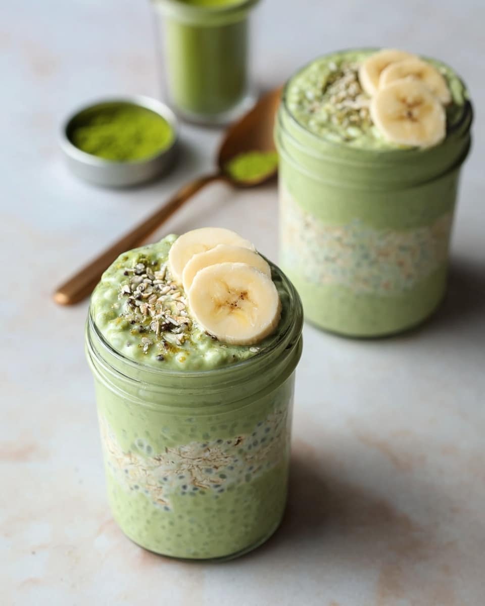 Two glass jars filled with a light green creamy mix with visible oats and chia seeds layered throughout. Each jar is topped with three curved slices of banana resting on the edge of the jar. In the background, a white marbled surface holds a metal spoon with a small pile of bright green powder and a small container with a green lid, slightly blurred. The image shows a closer view of the front jar and the top of the second jar. Photo taken with an iphone --ar 4:5 --v 7