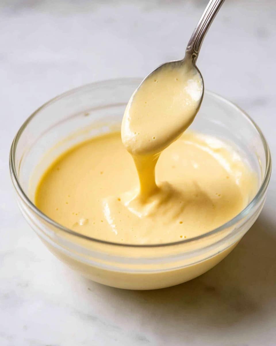 A clear glass bowl filled with smooth, pale yellow batter held above a white marbled surface. A silver spoon lifts some of the batter, which drips slowly back into the bowl, showing its thick and creamy texture. The batter has a soft shine and light bubbles, making it look fresh and ready to use. Photo taken with an iphone --ar 4:5 --v 7