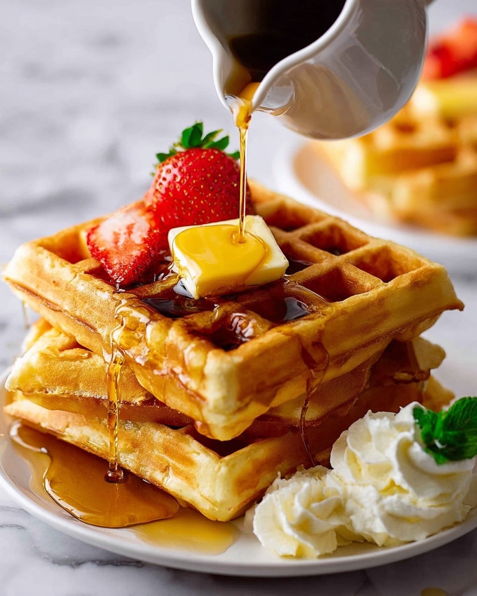 A stack of three golden brown waffles sits on a white plate, each waffle showing crisp, square indentations. On the top waffle is a square of melting yellow butter and a fresh red strawberry with green leaves on the side. A small white pitcher is pouring amber syrup over the butter, with syrup flowing down the sides of the waffles. Next to the stack, there is a dollop of white whipped cream garnished with a small green leaf. The plate is set on a white marbled surface, with another blurred stack of waffles in the background. photo taken with an iphone --ar 4:5 --v 7