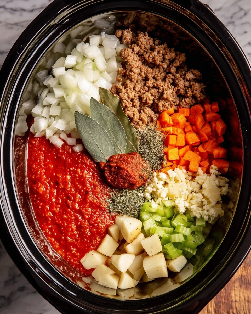 The image shows a black slow cooker filled with many colorful layers of ingredients. At the bottom left, there is a thick layer of bright red tomato sauce. Above the sauce, there is a small pile of white chopped onions on the left and light beige diced potatoes next to it in the center. To the right of the potatoes, there is a layer of browned ground meat. Above the meat, finely chopped pale yellow garlic is sprinkled. At the top right, there are small orange carrot pieces, and next to them at the top center, fresh green celery pieces. Near the center of the image, dried herbs and black pepper are sprinkled in between the vegetables, and on top of that sits a dark green bay leaf. There is also a small brown spoonful of thick reddish-brown paste on the left side above the onions. The slow cooker is placed on a white marbled surface. photo taken with an iphone --ar 4:5 --v 7