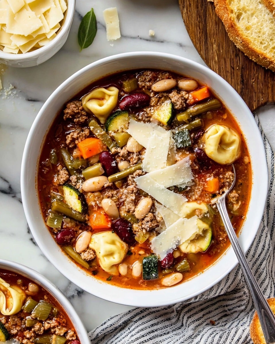 A white bowl filled with a rich vegetable and meat soup showing several layers: the bottom layer is a red broth base, on top are mixed pieces of green beans, kidney beans, white beans, diced orange carrots, small celery bits, cubed green zucchini, browned ground meat, and pale yellow tortellini pasta with smooth, folded textures. The soup is topped with thin, translucent slices of pale cheese sprinkled unevenly. A silver spoon is placed inside the bowl, leaning on the edge. The bowl sits on a white marbled surface with a striped cloth nearby. There is another white bowl with similar soup partially visible and a white bowl filled with more cheese pieces in the background. Toasted bread is visible on a white plate at the top right corner. Photo taken with an iphone --ar 4:5 --v 7