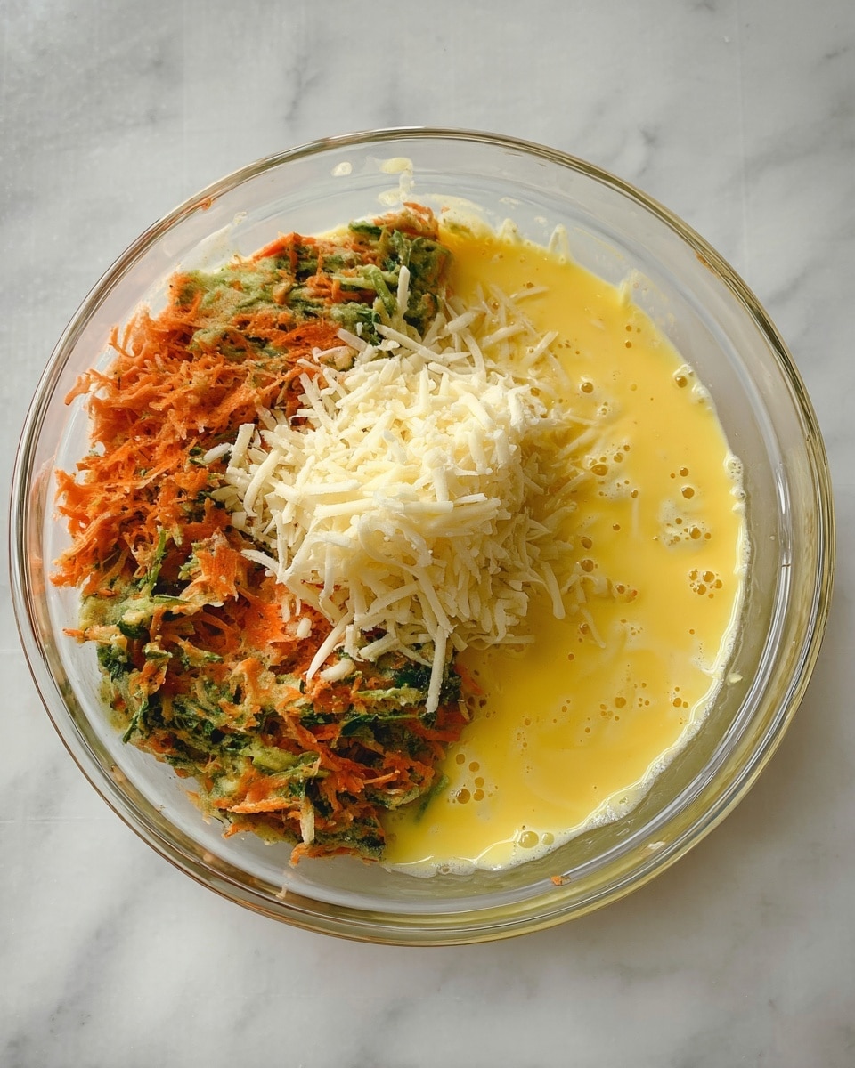 A clear glass bowl is placed on a white marbled surface, holding three visible layers of ingredients; on the left, there is a mix of finely shredded orange and green vegetables that look soft and moist, in the middle, a small mound of white shredded cheese sits on top of the vegetables, and on the right, a layer of smooth, yellow beaten eggs fills the remaining space, some bubbles visible. photo taken with an iphone --ar 4:5 --v 7