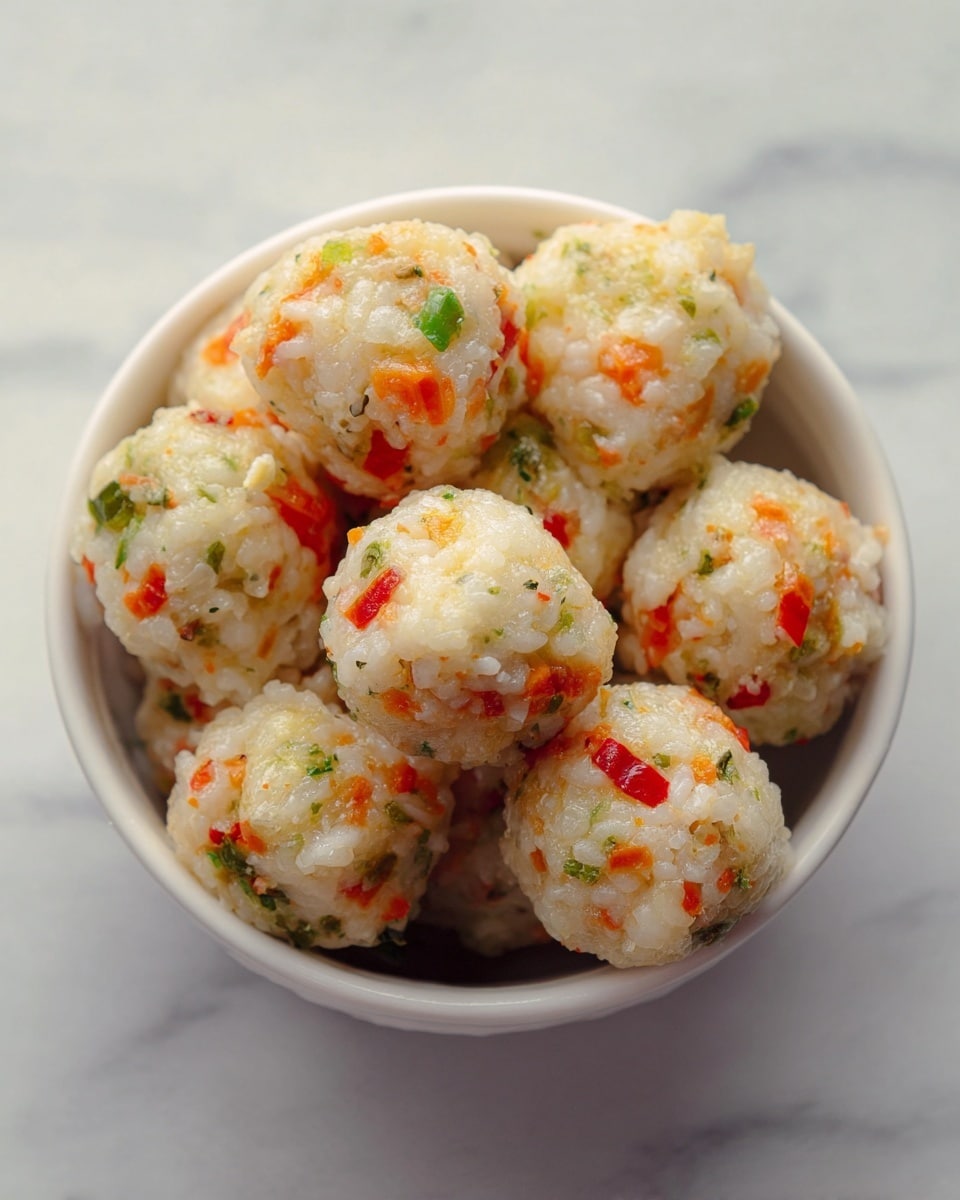 A white bowl filled with small round rice balls, each one made of cooked white rice mixed with pieces of bright red and green vegetables, giving a colorful speckled look. The rice balls have a slightly sticky texture and are packed closely inside the bowl. The bowl sits on a white marbled surface, with soft lighting that shows the details of the rice grains and the vegetable bits clearly. photo taken with an iphone --ar 4:5 --v 7