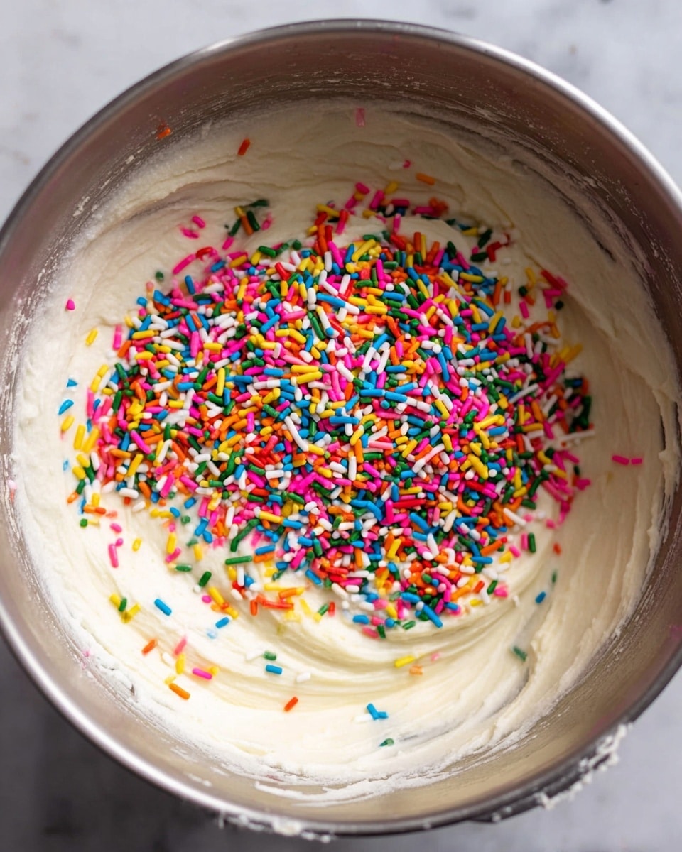 The image shows a close-up of a silver mixing bowl filled with thick, creamy white batter. On top of the batter, there is a large pile of colorful, small cylindrical sprinkles scattered mainly in the center. The sprinkles come in various bright colors like pink, yellow, green, blue, orange, red, and white, creating a vibrant contrast against the smooth, light batter. The batter's texture looks soft and whipped, with slight swirls visible. The bowl is placed on a white marbled surface. photo taken with an iphone --ar 4:5 --v 7