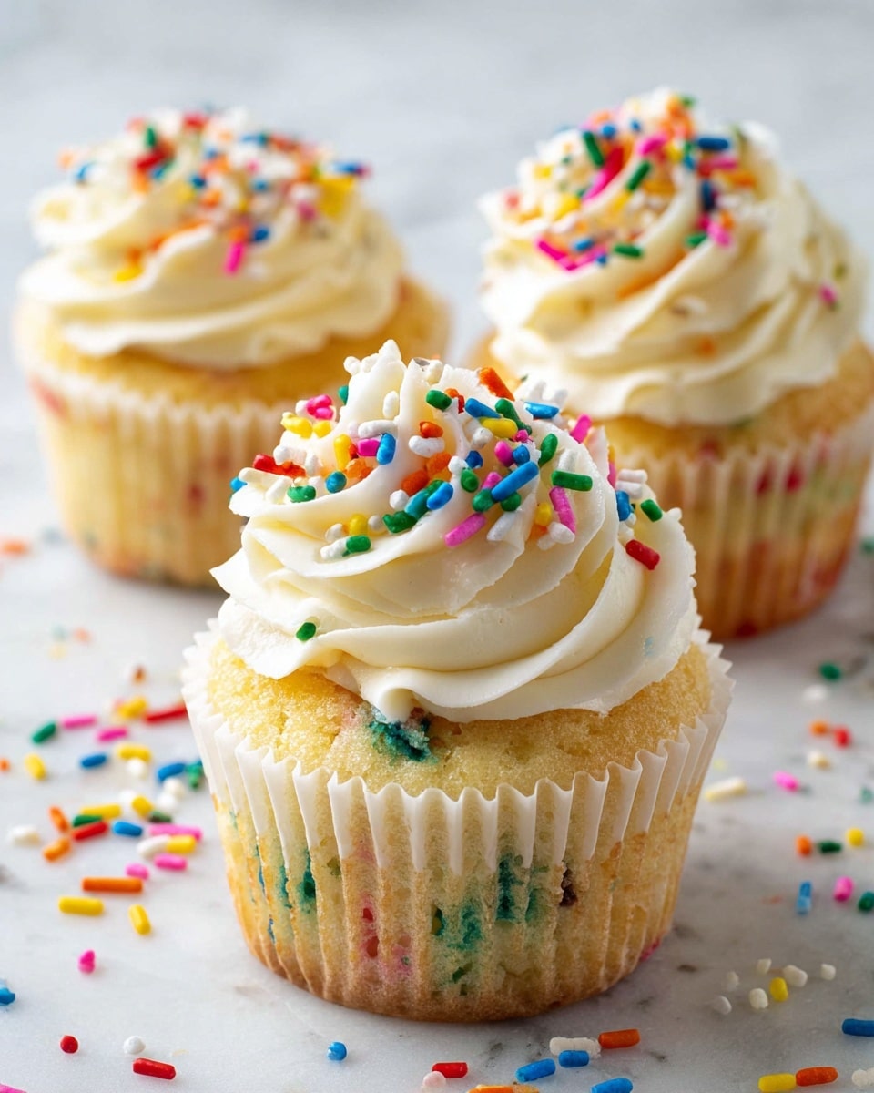 The image shows three small cupcakes with one in the front center and two behind it, slightly blurred. Each cupcake has a light yellow cake base with colorful sprinkles baked inside, visible through the white cupcake liners that are slightly pulled away at the bottom of the front cupcake. On top, there is a thick swirl of creamy, off-white frosting with soft, smooth texture. The frosting is decorated with bright, multicolored sprinkles in red, green, yellow, blue, and pink. A few loose sprinkles are scattered on the white marbled surface around the cupcakes. The overall look is bright and cheerful, showing the detailed texture of the cake, frosting, and sprinkles. photo taken with an iphone --ar 4:5 --v 7