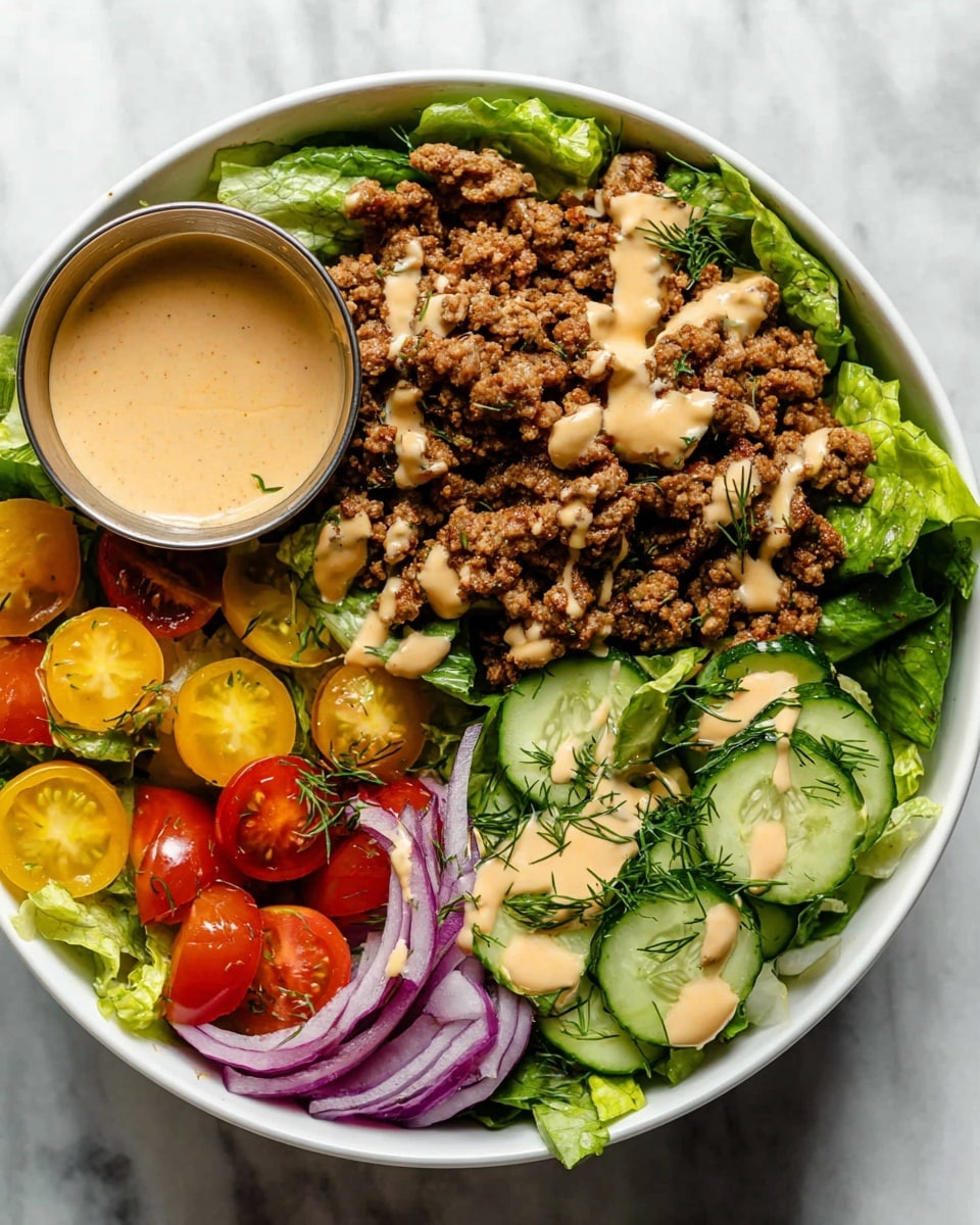 A white bowl filled with a colorful salad featuring a bottom layer of mixed fresh green lettuce leaves. On top of the lettuce, there is a large section of browned ground meat with a creamy, light brown sauce drizzled over it. To the left, there are thin rings of purple red onion, and next to them is a small metal cup filled with the same creamy sauce. At the bottom, halved cherry tomatoes in bright yellow and red colors are sprinkled with fresh green dill. Sliced cucumber rounds, also drizzled with the creamy sauce, are placed to the right side, peeking out from under the lettuce. All the ingredients sit on a white marbled surface. Photo taken with an iphone --ar 4:5 --v 7