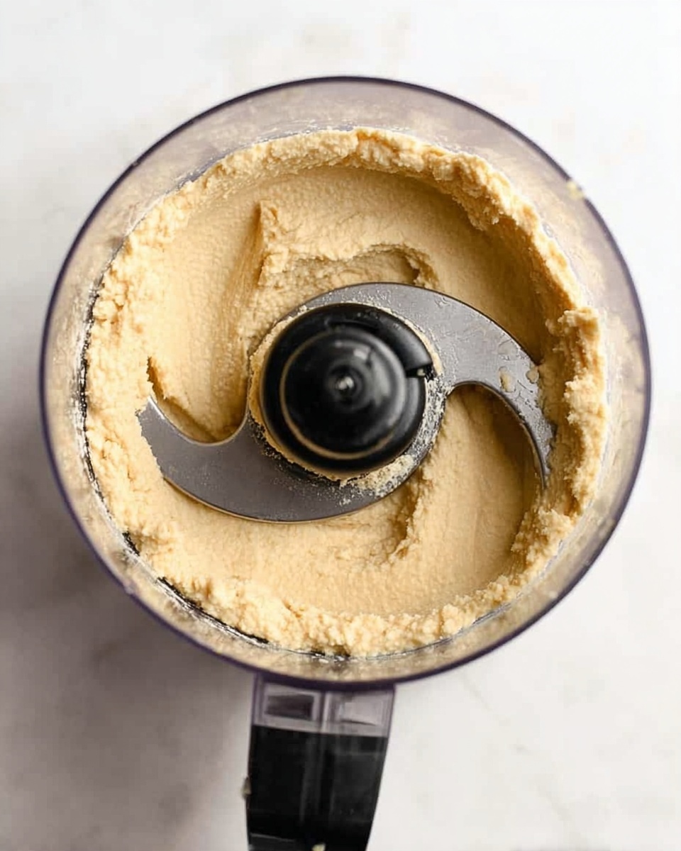 A close-up top view of a transparent food processor bowl filled with light beige, smooth hummus-like paste, with a black central blade and black top handle, placed on a white marbled surface, photo taken with an iphone --ar 4:5 --v 7