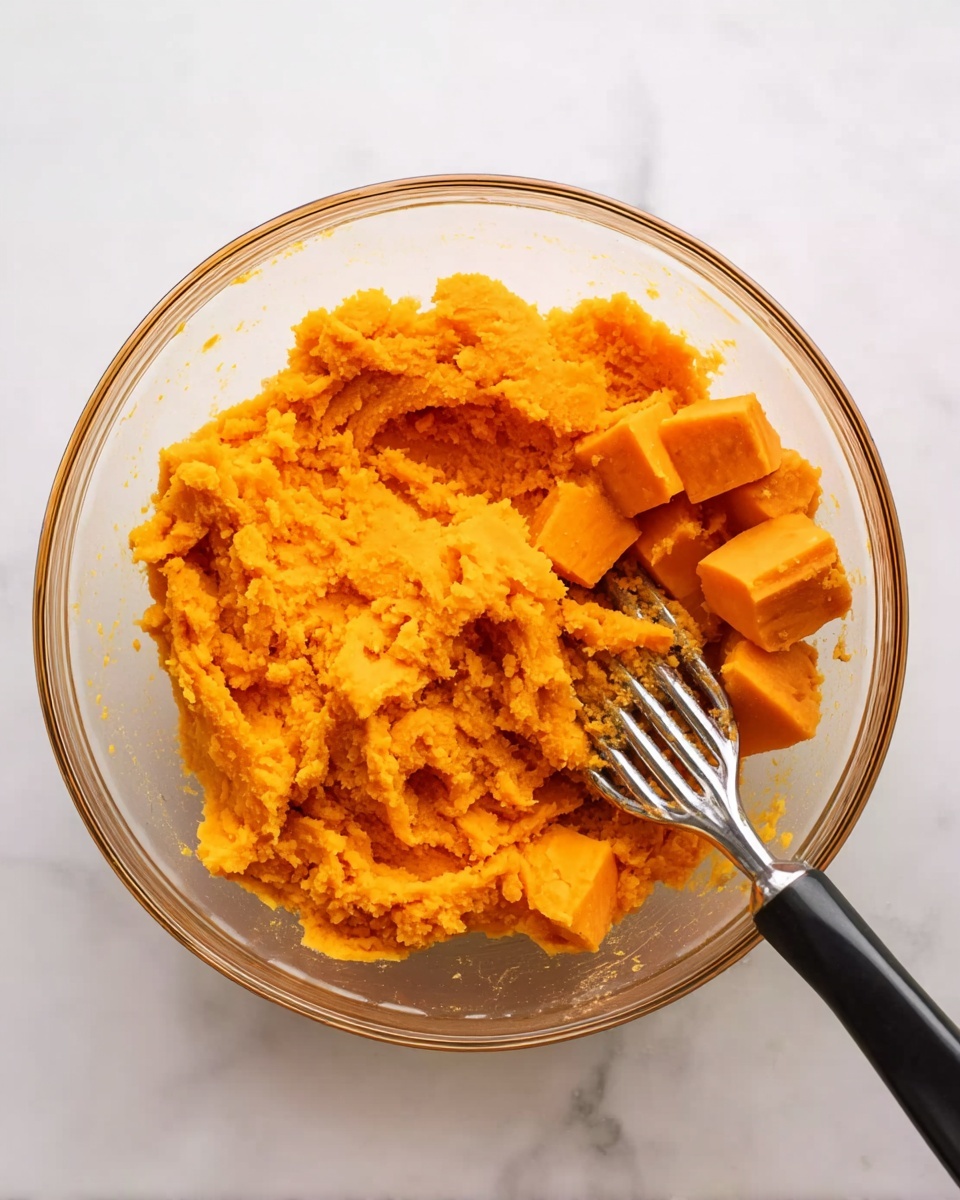 A clear glass bowl filled with soft, mashed orange sweet potatoes taking up most of the space and chunkier pieces of sweet potato placed on one side of the bowl. A metal potato masher with a black handle is partially pressing into the mashed sweet potatoes, showing some texture with small lumps. The bowl rests on a white marbled surface. photo taken with an iphone --ar 4:5 --v 7