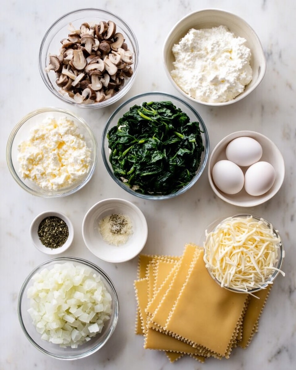 The image shows several small glass and white bowls arranged on a white marbled surface. There are nine bowls in total: one with raw chopped mushrooms in the top left, one with cooked chopped spinach next to it on the right, a large bowl with soft white ricotta cheese to the right of the spinach, a bowl with two raw eggs on the far right, and below the mushrooms a bowl with shredded mozzarella cheese. Below the spinach and mozzarella are small bowls with minced garlic and dried herbs, and next to these is a small bowl with grated Parmesan cheese. Below the Parmesan is another small glass bowl filled with chopped white onions. To the right of all these bowls are seven dry uncooked lasagna sheets stacked cleanly. The colors are mostly natural with creamy whites, green spinach, and light brown pasta. The photo taken with an iphone --ar 4:5 --v 7