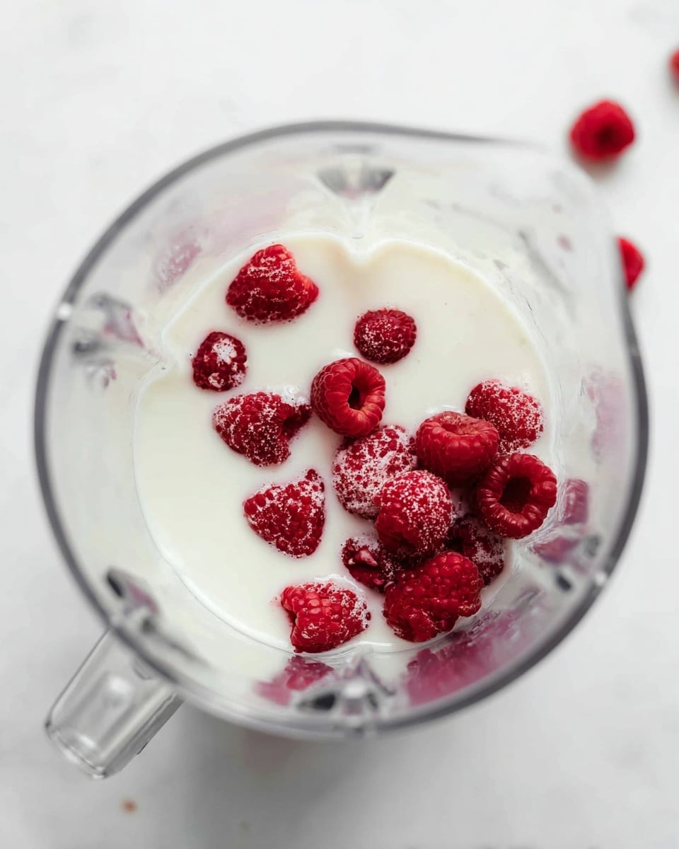 A clear blender jar is shown from above, filled with a smooth, white liquid that almost reaches the top. Scattered on the surface of the liquid are bright red raspberries, some whole and some slightly sunken, adding texture with their small seeds and uneven shapes. The raspberries are clustered mostly on one side, creating a striking contrast with the plain white liquid. The scene is set on a white marbled surface, giving a clean and fresh look. photo taken with an iphone --ar 4:5 --v 7