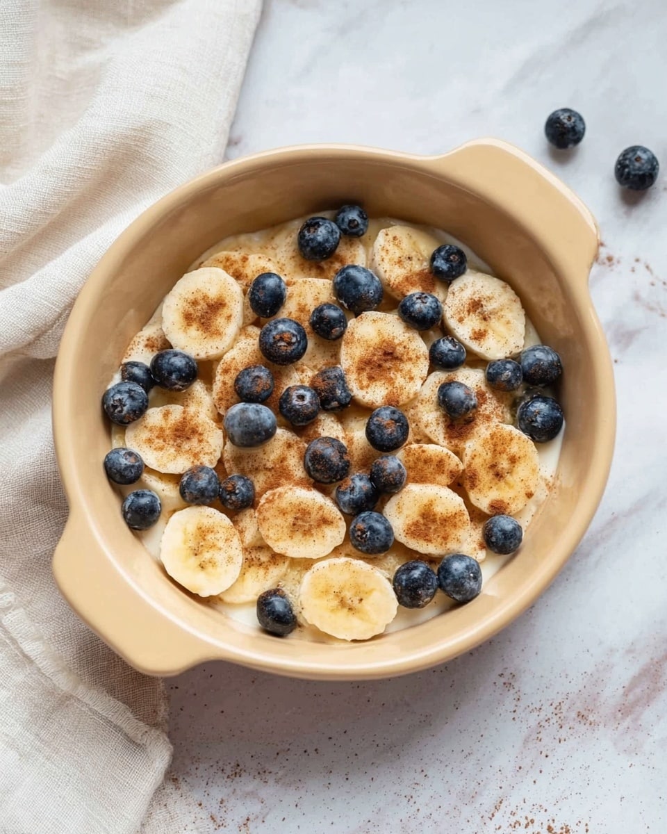 A beige ceramic dish filled with one layer of sliced banana pieces, topped with scattered fresh blueberries and sprinkled with a light dusting of brown cinnamon powder, all placed on a white marbled surface with a cream fabric partially visible on the side photo taken with an iphone --ar 4:5 --v 7