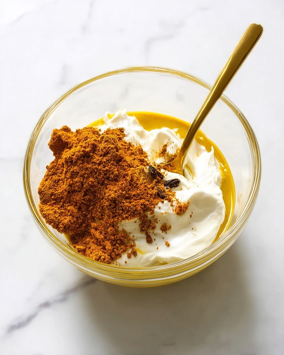A clear glass bowl sits on a white marbled surface, containing three main layers: at the bottom, a smooth golden-yellow liquid, above it, two dollops of thick white creamy texture, and on top, a heap of bright orange-brown powder with some black specks scattered throughout. A gold spoon is placed inside the bowl, resting slightly on the creamy layer and partially submerged in the powder. photo taken with an iphone --ar 4:5 --v 7