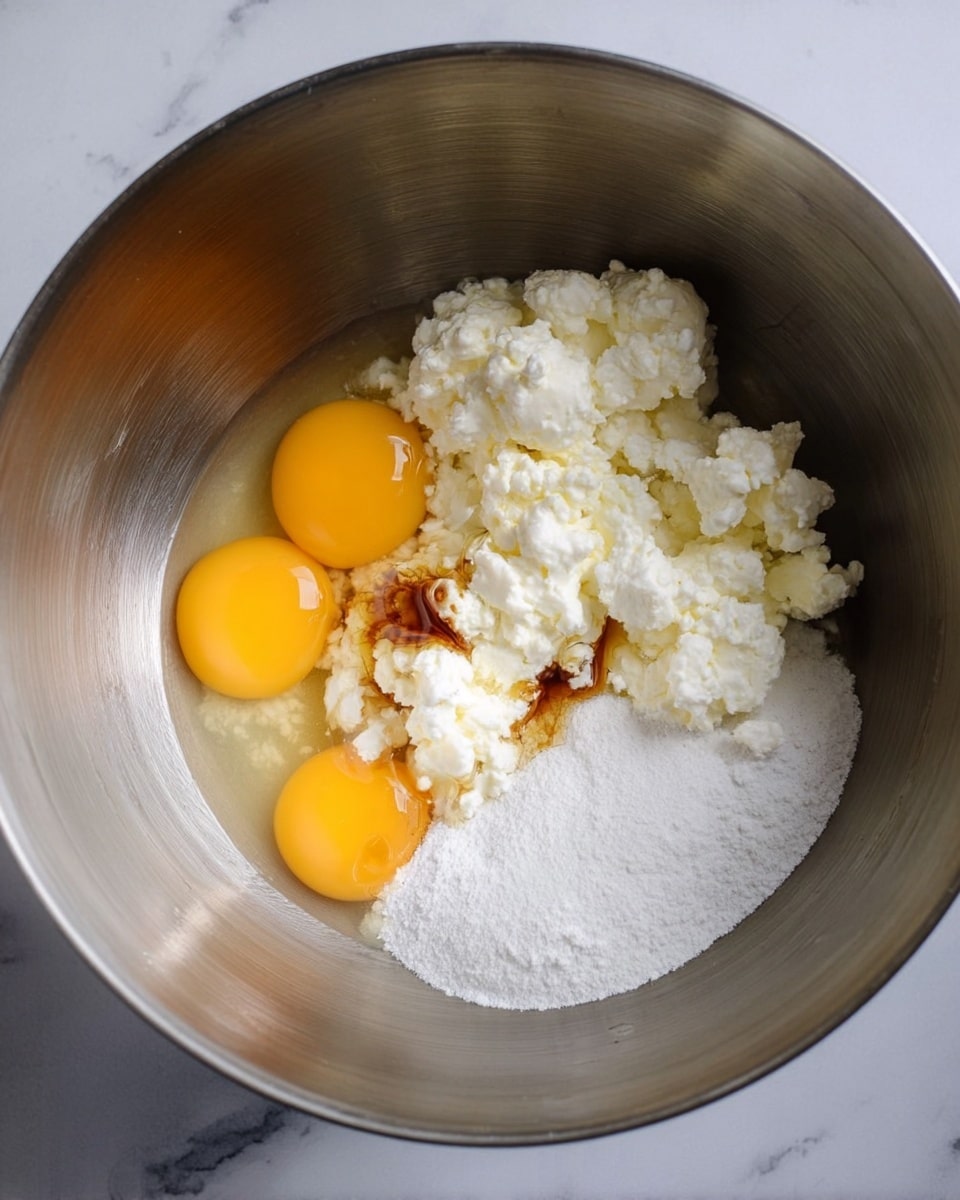 A large silver mixing bowl holds four raw eggs with bright yellow yolks on the left side, a pile of white granulated sugar on the right side, and dollops of white cottage cheese in the center topped with a small splash of brown vanilla extract. The mixing bowl sits on a white marbled surface. photo taken with an iphone --ar 4:5 --v 7