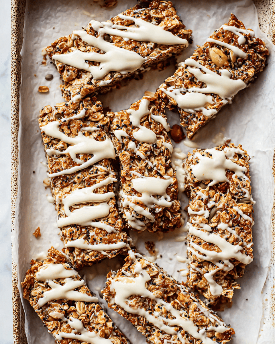 The image shows several granola bars on a white baking tray lined with parchment paper placed on a white marbled surface. Each granola bar is thick and uneven with visible oats, seeds, and nuts in brown and tan shades. All bars are drizzled with creamy white icing in random lines and patches on top. The bars are close together but not touching, and the texture looks crunchy with rough edges. photo taken with an iphone --ar 4:5 --v 7