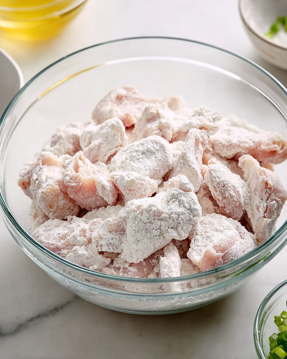 A clear glass bowl sits on a white marbled surface, filled with raw chicken pieces coated evenly in white flour. The chicken pieces are light pink beneath the fine white flour, creating a powdery, textured look. The pieces are of varied shapes and sizes, piled loosely in the bowl. In the background, there is a hint of a yellow liquid in a clear bowl on the left side and some chopped green onions in a small clear bowl on the bottom right corner. The lighting is bright and natural, highlighting the flour dust on the chicken. Photo taken with an iphone --ar 4:5 --v 7