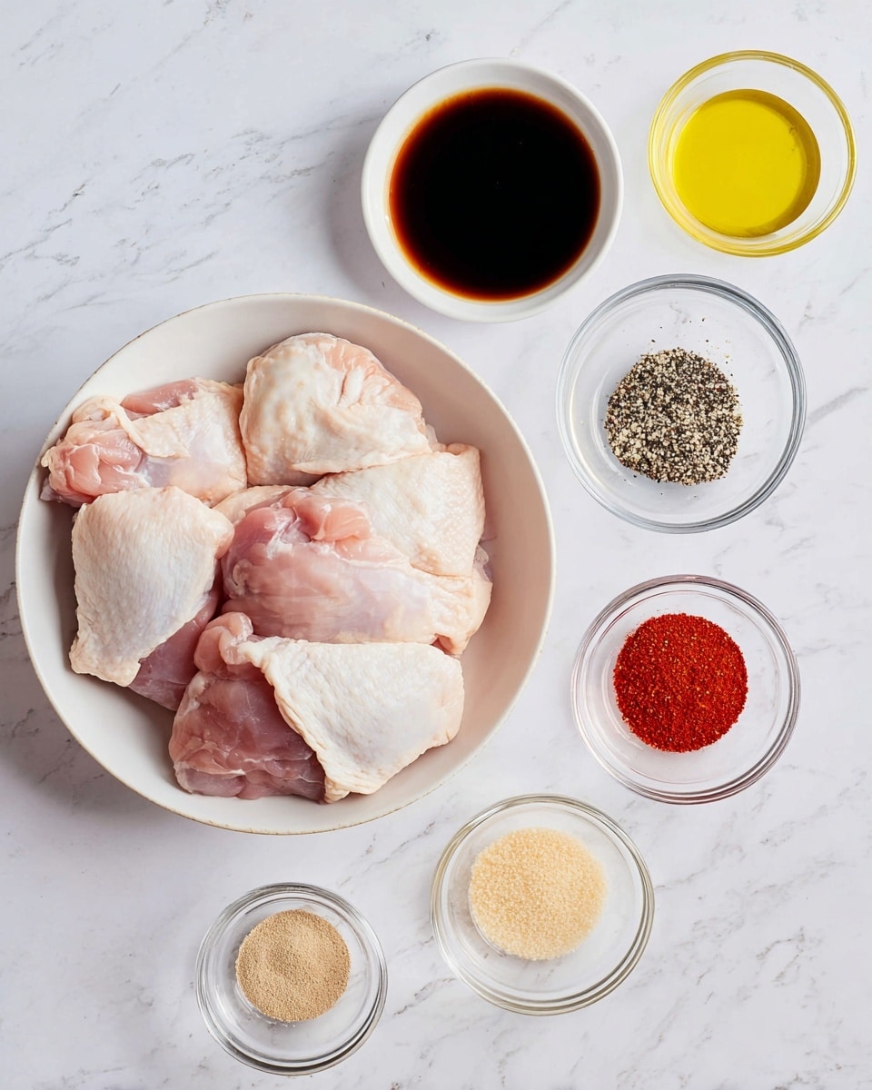 The image shows a white bowl filled with raw chicken thighs with pale pink and light cream colors, placed near six small white or clear bowls containing different ingredients on a white marbled texture. Starting from the top center going clockwise, there is a small bowl of dark brown liquid sauce, a white bowl with four piles of powders and crushed spices in light tan, black and white specks, and light brown colors, a clear bowl with light yellow oil, a small white bowl with bright red seasoning, and another clear bowl with pale yellow granular powder. The scene is bright and clean looking, with all ingredients neatly arranged on the white marbled surface photo taken with an iphone --ar 4:5 --v 7