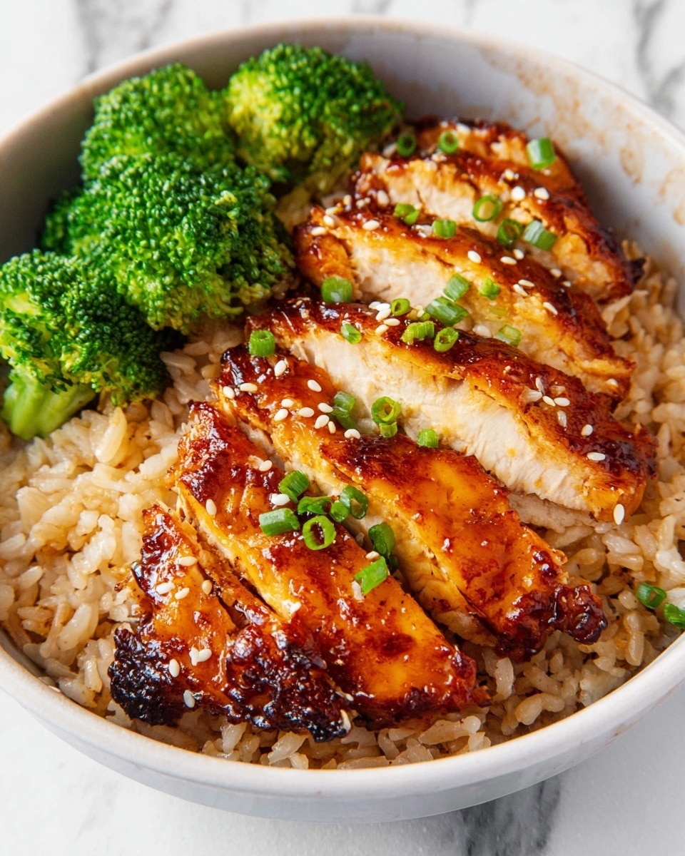 The image shows a white bowl with three main layers. The bottom layer is light brown cooked rice with a soft texture, filling the bowl. On top of the rice, there are thick pieces of grilled chicken with a shiny, caramelized orange-brown crust, sliced to show juicy white meat inside. The chicken is sprinkled with small white sesame seeds and chopped green onions. At the side of the bowl, there is bright green steamed broccoli with a slightly bumpy texture. The bowl is placed on a white marbled surface. Photo taken with an iphone --ar 4:5 --v 7