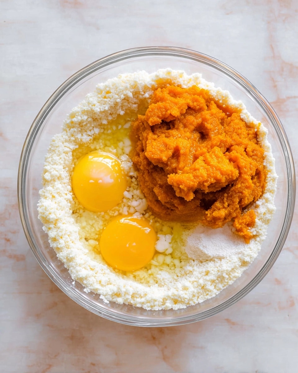 A clear glass bowl sits on a white marbled surface, filled with three main layers of ingredients ready to be mixed. The bottom layer is a soft, white grainy texture that fills most of the bowl in a ring shape. On one side, three raw egg yolks with their bright yellow color rest in the center, with clear egg whites blending into the grainy base. Next to the eggs is a large amount of vibrant orange puree with a thick and smooth texture, piled slightly higher than the eggs. The bowl and the ingredients create a simple but rich color contrast photo taken with an iphone --ar 4:5 --v 7
