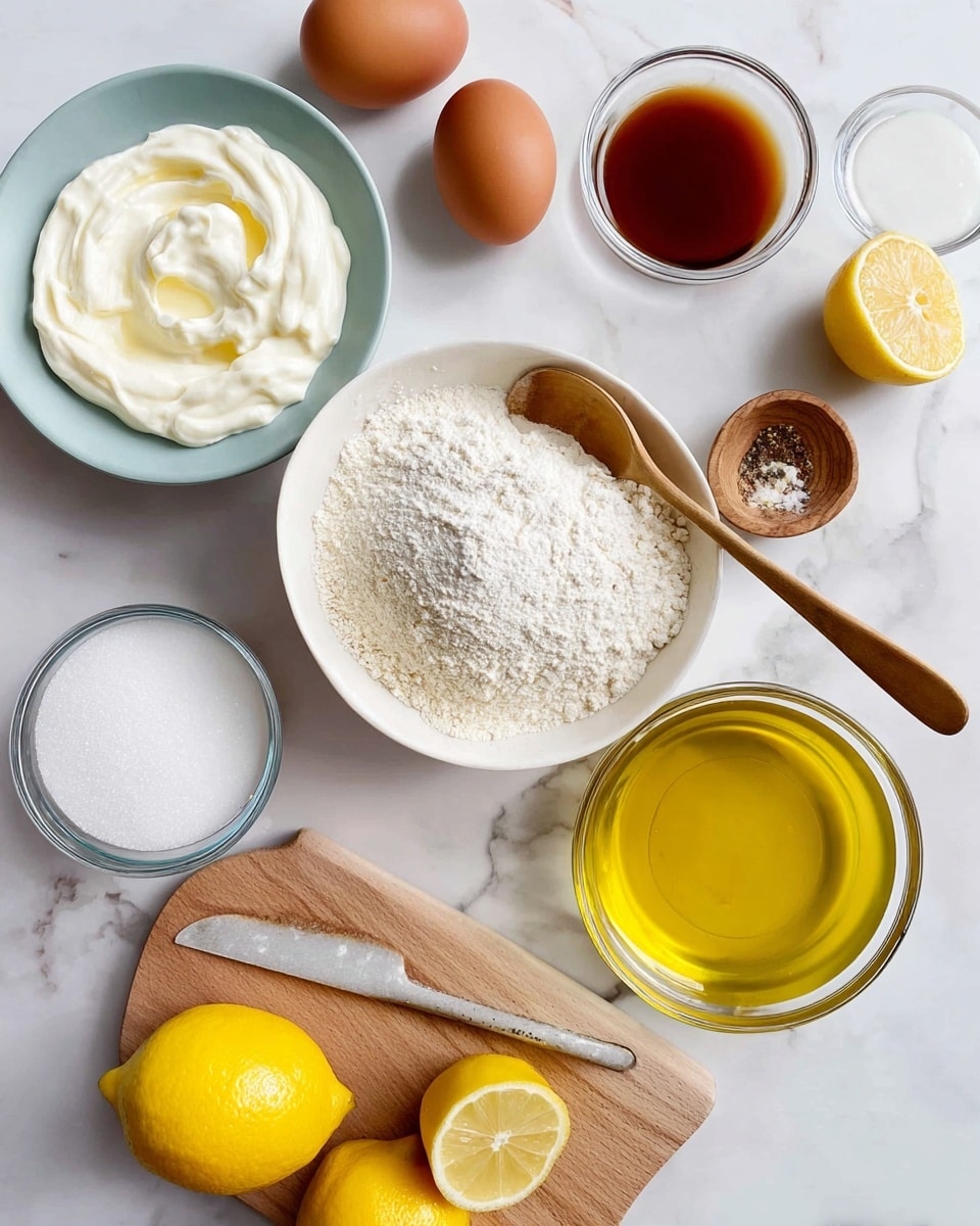 The image shows a white plate with creamy white yogurt placed near the top center with a spoon inside it. To the right, there is a glass bowl filled with golden yellow oil. Below it to the right, a large white bowl contains three layers of fine powders in shades of white and light beige, mixed together with a wooden spoon resting inside. On the left side, near the top, two brown eggs sit on the white marbled surface next to a small white bowl filled with dark amber liquid. Below that is a clear glass bowl with white sugar. At the center bottom, a wooden cutting board holds one lemon cut in half with a silver knife resting on it and two whole yellow lemons around it. A small wooden bowl with white salt and brown spice sits near the cutting board. The whole setup is placed on a white marbled background. Photo taken with an iphone --ar 4:5 --v 7