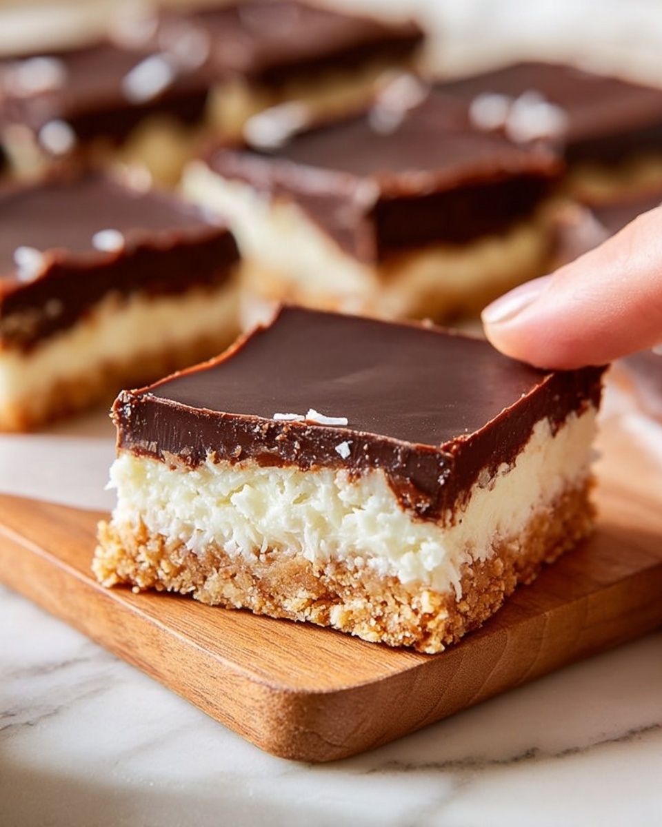 The image shows a square dessert bar with three clear layers on a white marbled surface. The bottom layer is a crumbly, light brown crust made of crushed biscuits or nuts. The middle layer is thick and white with a textured, slightly moist look, possibly coconut filling. The top layer is a smooth, dark chocolate sheet with a slight shine and some natural uneven edges. In the background, there is a larger tray holding many pieces of the same dessert. A woman's hand is gently picking up one piece from the wooden board under the dessert. photo taken with an iphone --ar 4:5 --v 7