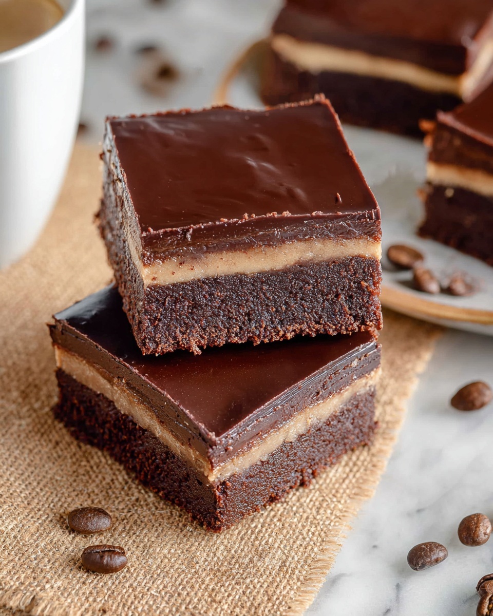 The image shows chocolate brownies with three clear layers. The bottom layer is dark brown and dense like a chocolate cake base. The middle layer is a thin, lighter brown creamy filling that contrasts with the other layers. The top layer is a smooth, shiny dark chocolate glaze covering the entire surface. The brownies are cut into squares and placed on a textured beige mat. Some coffee beans are scattered around for decoration. One brownie is stacked on top of another, showing the side view of the layers clearly. A white marbled surface is visible around the mat. photo taken with an iphone --ar 4:5 --v 7