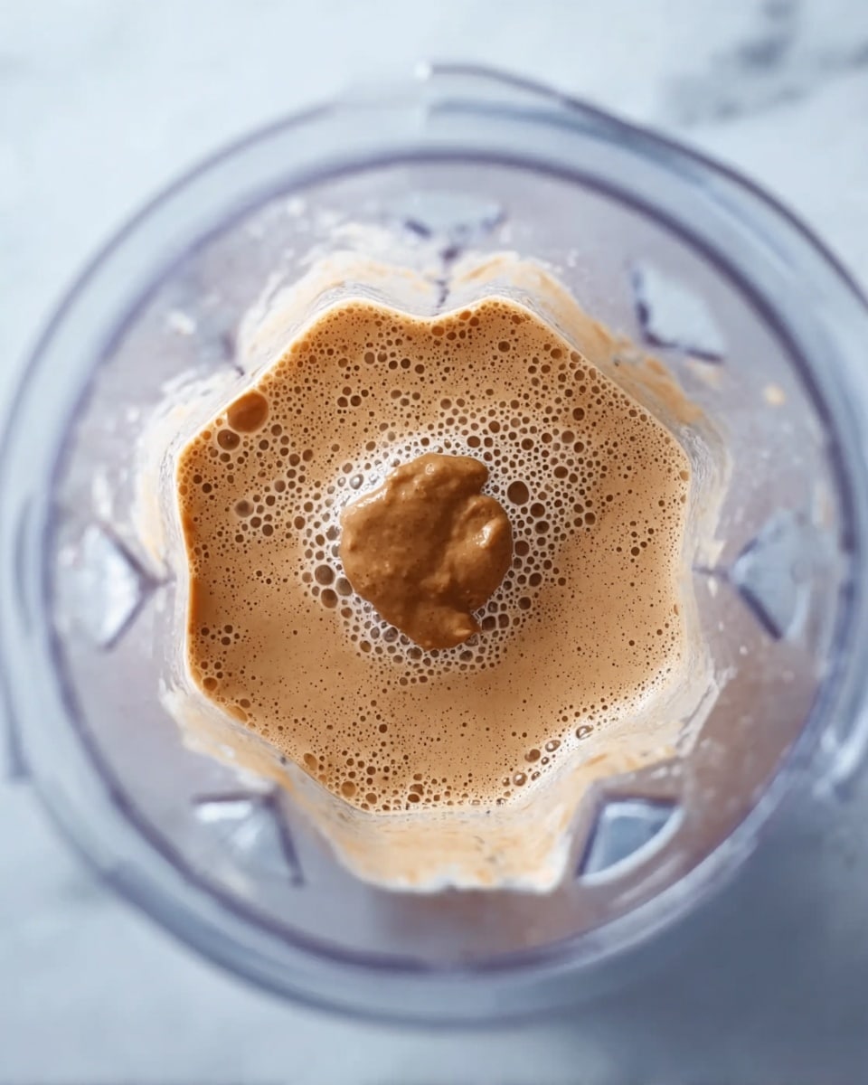 The image shows a clear blender container viewed from above, with a light brown creamy mixture inside. At the center of the mixture, there is a small dollop of thicker, darker brown paste. Bubbles of various sizes form a ring around the edges of the liquid, indicating freshness or blending in progress. The blender’s plastic sides are clear and slightly reflective. The background is a white marbled texture. photo taken with an iphone --ar 4:5 --v 7