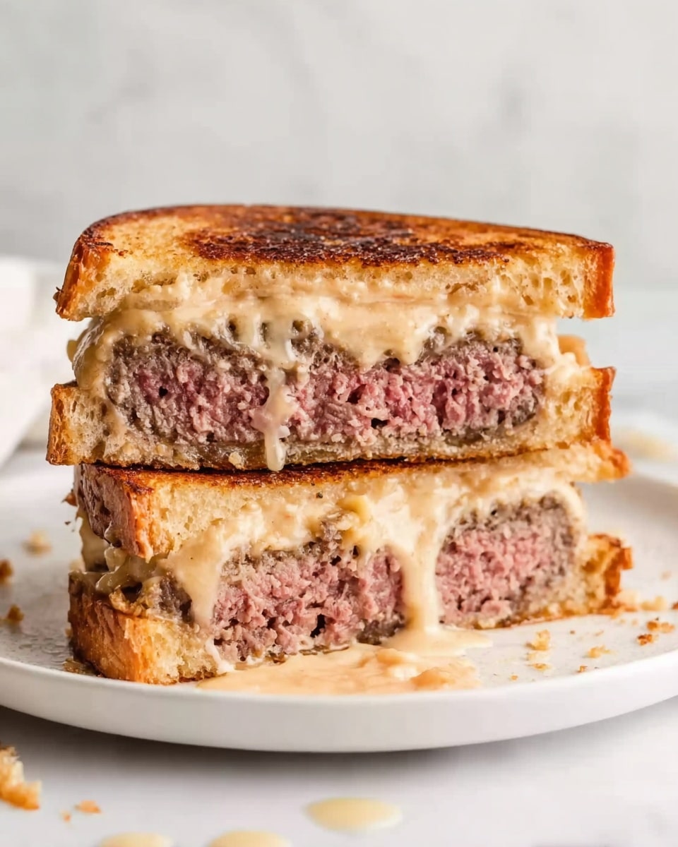 The image shows a sandwich cut in half and stacked, each half revealing three clear layers inside. The top and bottom layers are toasted golden-brown bread slices with a slightly crispy texture. The middle layer is thick ground beef cooked to medium, with a juicy pink center and a crumbly texture. Above the beef is a creamy, light beige sauce that also drips slightly onto the white plate beneath the sandwich. The sandwich is set against a white marbled surface, with some scattered crumbs and sauce drops around it. Photo taken with an iphone --ar 4:5 --v 7