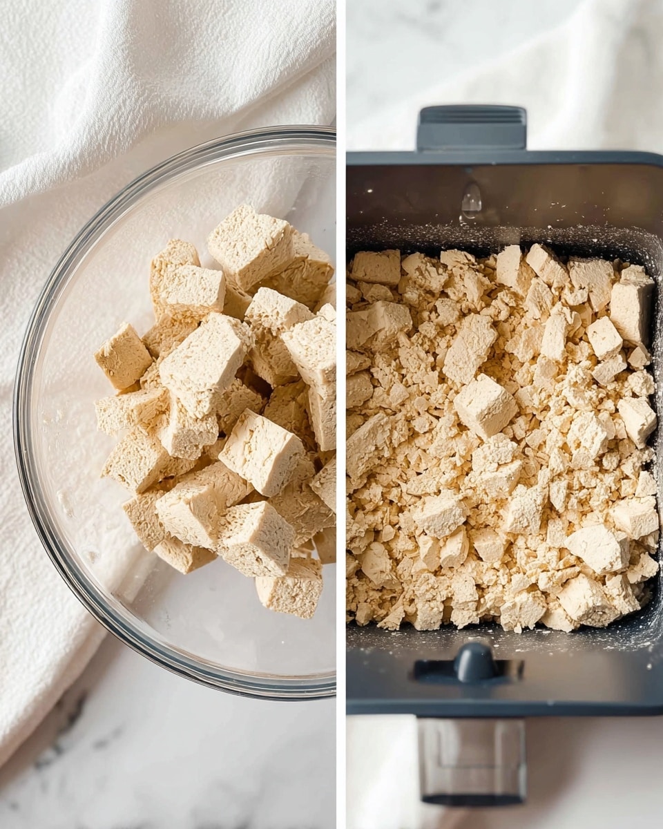 The image shows two side-by-side photos of broken tofu pieces. On the left, the tofu chunks are light beige with a crumbly texture, placed inside a clear glass bowl sitting on a white marbled surface with a white cloth underneath. On the right, the tofu pieces are spread out in a black bread maker pan, showing the same crumbly texture and beige color, also placed on a white marbled surface with part of the white cloth visible. photo taken with an iphone --ar 4:5 --v 7