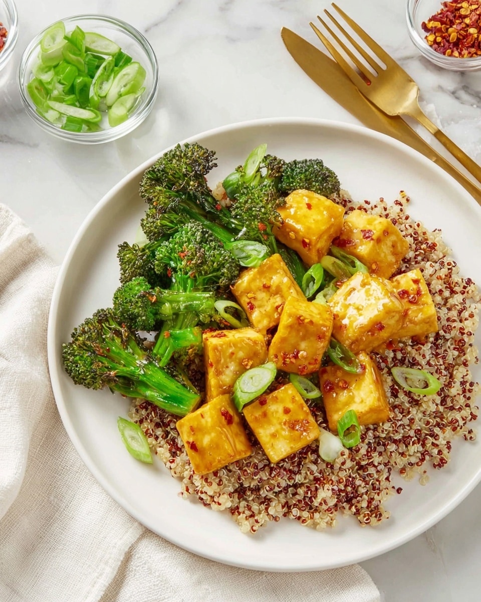 A white plate holds three layers of food arranged carefully. The bottom layer is a bed of cooked quinoa with mixed white and red grains, forming a soft, grainy base. On top of the quinoa, there are bright green broccoli florets with lightly charred edges giving a textured, roasted look. The top layer features golden-yellow cubes of cooked tofu coated with a glossy sauce and sprinkled with small red chili flakes. Light green sliced green onions are scattered over the tofu, adding color contrast and a fresh look. The plate sits on a white marbled surface, next to two gold forks resting on a white cloth, with clear bowls of extra green onions and chili flakes nearby. photo taken with an iphone --ar 4:5 --v 7