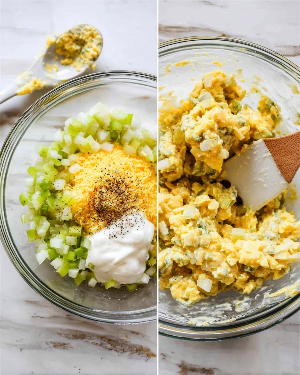The image shows two glass bowls on a white marbled surface. The left bowl has layers including a base of finely chopped yellow cheese, a heap of diced green celery and white onions on the top right, a dollop of white mayonnaise with black pepper sprinkled on it near the bottom left, and some yellow mustard near the bottom center. Next to the bowl, there is a white spoon with some leftover mayonnaise on it. The right bowl displays the mixed ingredients forming a chunky, creamy yellow salad with bits of green celery and white onions visible throughout. A wooden spatula with a white silicone end rests in the bowl. Photo taken with an iphone --ar 4:5 --v 7