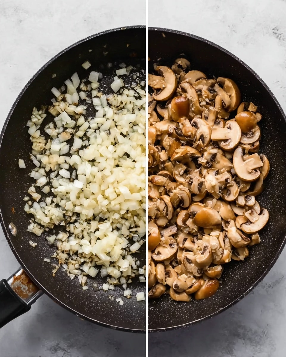 The image shows two views of a black frying pan on a white marbled surface; the left side has one layer of small white diced onions cooking, covering the pan evenly with a slightly soft texture, while the right side shows the same pan filled with a thick layer of sliced light brown mushrooms spread out with some darker spots and moist texture, partially covering some onions underneath, both scenes lit softly to show the textures clearly photo taken with an iphone --ar 4:5 --v 7