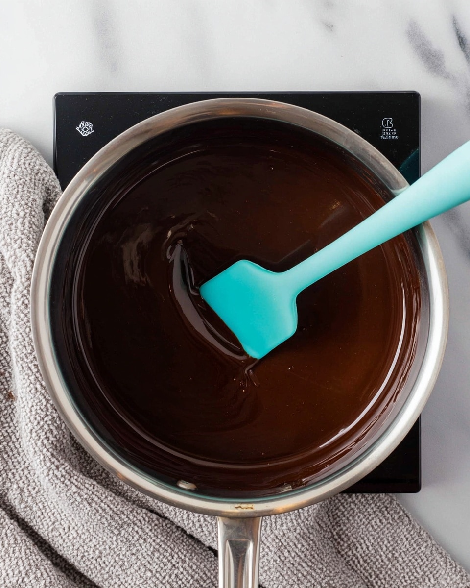 A shiny silver pot is filled with smooth, dark brown chocolate mixture, covering the entire inside surface. A bright turquoise spatula with a rounded tip is partially dipped into the chocolate, blending softly and leaving a neat texture in the liquid. The pot sits on a black cooking surface, and a light gray textured towel is lying nearby on a white marbled countertop. The scene is viewed from above, showing the glossy and thick look of the melted chocolate photo taken with an iphone --ar 4:5 --v 7
