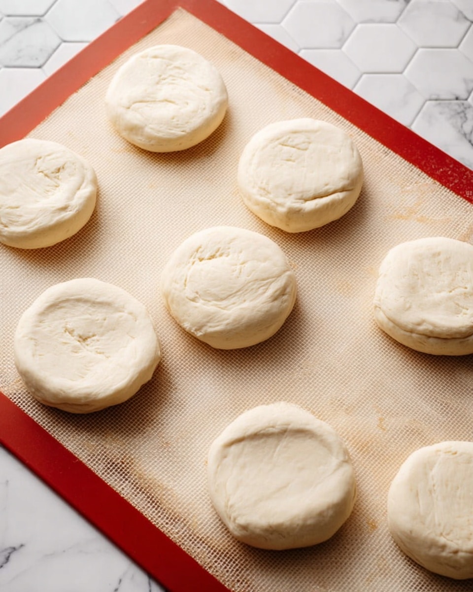 Eight round dough pieces are placed on a baking mat with a light beige center and red edges, which is sitting on a white marbled surface with a hexagonal tile pattern. Each dough piece is pale and smooth with some gentle crease marks and slight dents, arranged in a casual cluster covering most of the mat, with space between each piece. The dough pieces are thick and soft, showing some uneven textures on the edges but mostly circular shapes. photo taken with an iphone --ar 4:5 --v 7