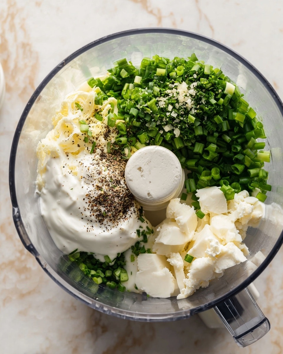 A clear food processor bowl shows layers of ingredients ready to be mixed. On the right side, there are broken white pieces of soft cheese or dough. Above that, a dollop of white creamy yogurt or sour cream sits. To the left, finely chopped bright green scallions form a thick layer. Above the scallions, there is a pile of chopped fresh green herbs. Black pepper is sprinkled in the center on top of the cream and cheese layers, adding dark specks to the mix. The bowl is on a white marbled surface with no other plates in sight. Photo taken with an iphone --ar 4:5 --v 7
