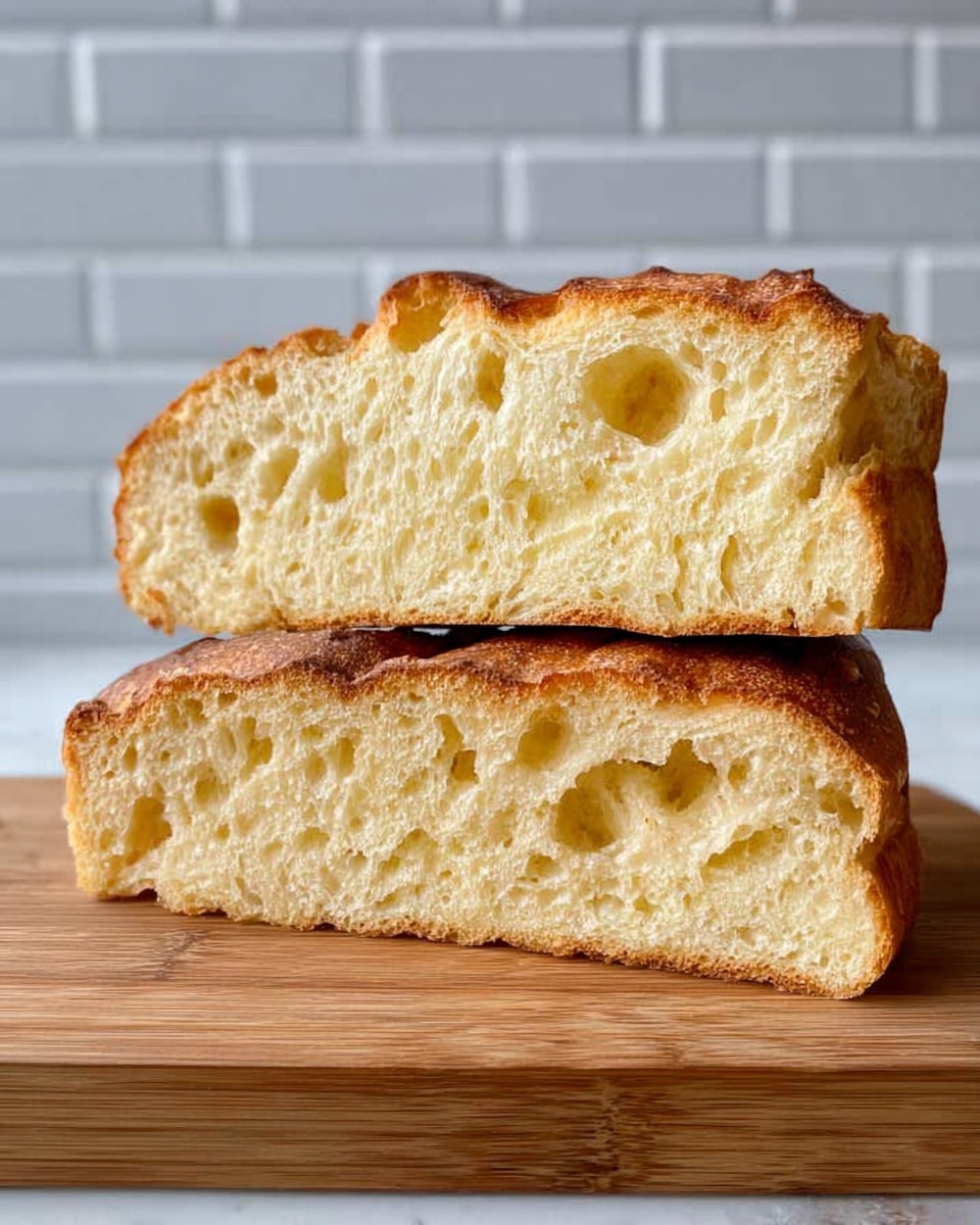 Two thick slices of golden brown bread are stacked on top of each other on a wooden board. The bread's inside shows a soft, light yellow texture with many small holes. The crust is crispy and darker golden color. The background and surface show a white marbled texture with a light gray brick wall behind. photo taken with an iphone --ar 4:5 --v 7
