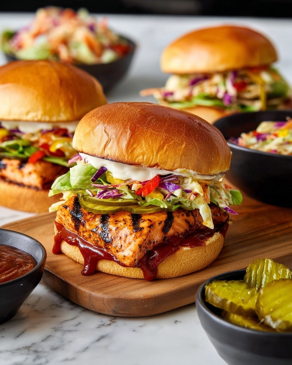 A grilled salmon sandwich sits on a white marbled surface with its shiny, golden top bun slightly raised to show the layers beneath. The sandwich has a toasted bottom bun lightly covered in red barbecue sauce that drips slightly onto the wooden board. On top of this is a thick, grilled salmon fillet with visible grill marks, followed by fresh green lettuce, sliced pickles, and colorful shredded slaw made of purple cabbage, carrots, and red peppers. The sandwich is creamy at the top with a white sauce under the top bun. In the background, there are two more similar sandwiches, a black small bowl with barbecue sauce, and a black dish of crinkle-cut pickle slices. Photo taken with an iphone --ar 4:5 --v 7
