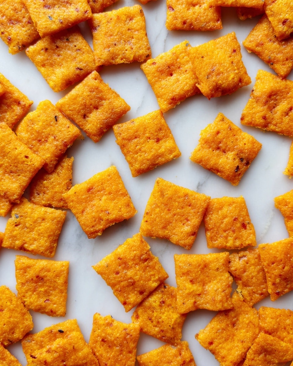 The image shows many small, square snacks with rough edges and a bright orange color spread out on a white marbled surface. Each piece has a textured look with some darker orange and small light spots inside, giving them an uneven, rustic feel. The snacks look crispy and slightly bumpy on the surface, laid flat and close to each other in no special order, filling the whole frame. photo taken with an iphone --ar 4:5 --v 7