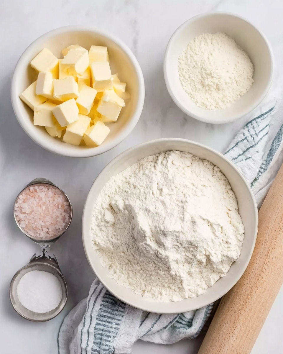 The image shows four white bowls arranged on a white marbled surface next to a rolling pin. The largest bowl at the bottom contains a big pile of white flour, with a striped cloth partially under it. Above it to the left is a smaller bowl filled with yellow butter cubes. To the right of the butter is an empty white bowl. Below and to the right of the empty bowl are two tiny bowls; one has pink salt and the other contains a white substance, possibly sugar. A small silver spoon is near these tiny bowls. photo taken with an iphone --ar 4:5 --v 7