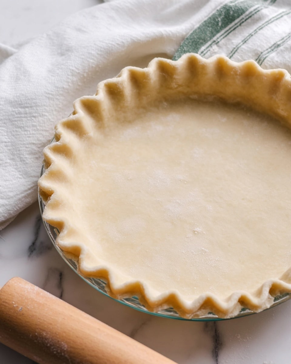 This image shows a single-layer pie crust in a clear glass pie dish with fluted edges. The dough is light beige with a smooth, slightly floured texture, pressed evenly along the bottom and sides of the dish. The dish is placed on a white marbled surface with a wooden rolling pin partially seen at the bottom right and a white cloth with green stripes softly folded in the top background. Photo taken with an iphone --ar 4:5 --v 7