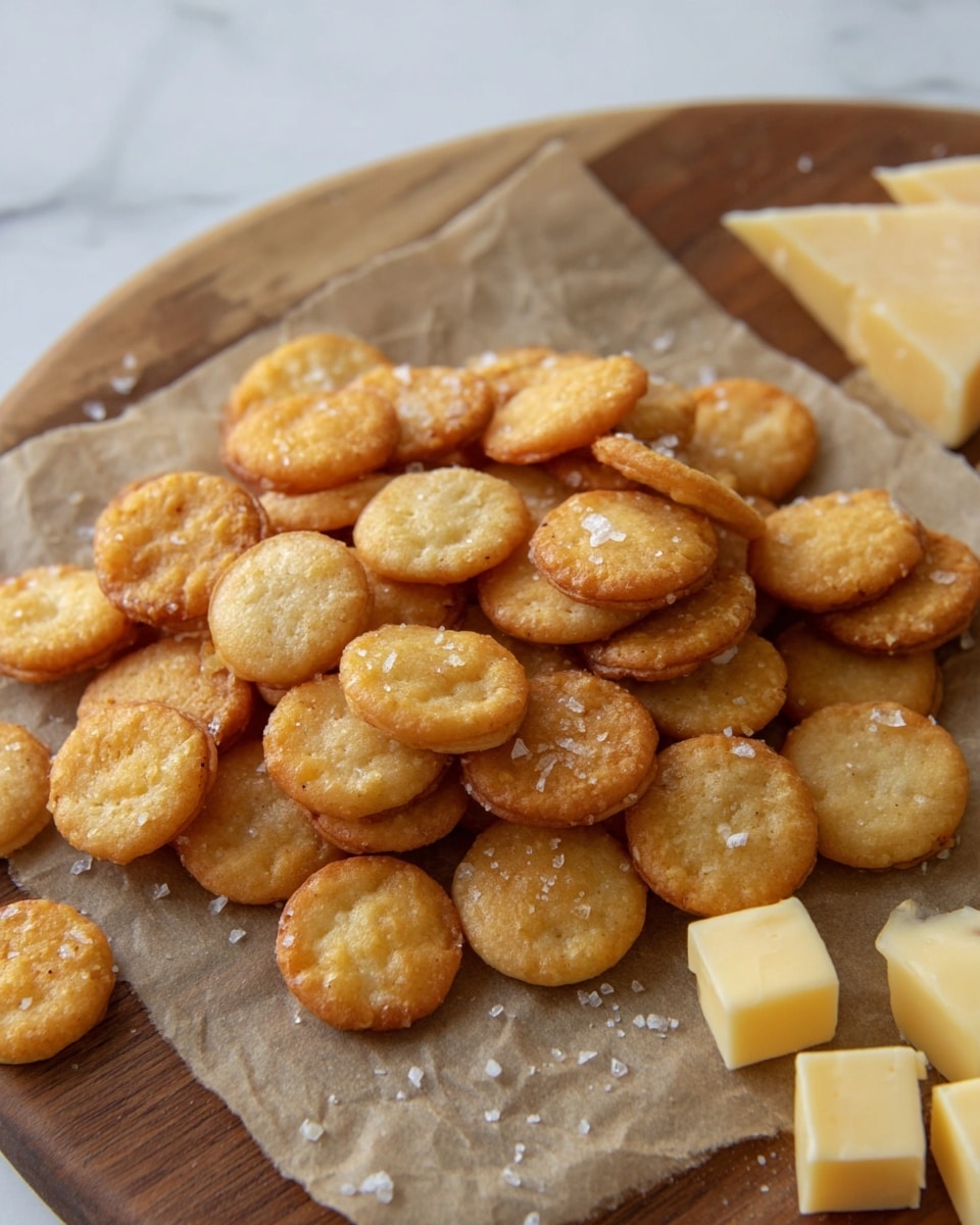 A pile of small, round, golden-brown crackers with a slightly shiny surface and some coarse salt sprinkled on top sits on a sheet of light brown parchment paper. The parchment paper is placed on a wooden cutting board with a warm tone. To the right, there are a few small cubes of pale yellow cheese. The background has a white marbled texture. The photo taken with an iphone --ar 4:5 --v 7