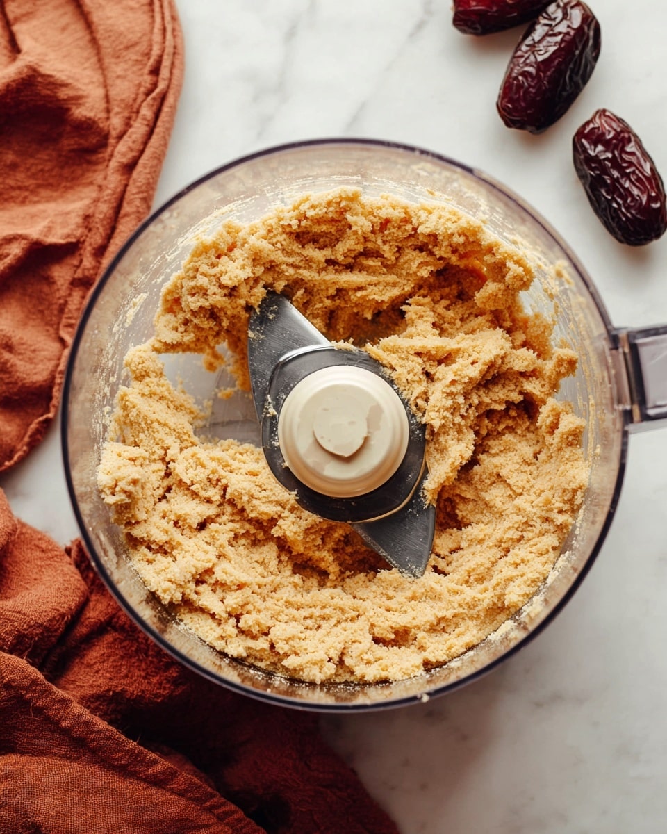The image shows a clear food processor bowl with light brown dough inside, having a crumbly and soft texture. The dough fills the bowl unevenly, gathered mostly on one side with visible small clumps and rough edges. A sharp metal blade with a smooth shiny surface is centered and partially covered by the dough. The whole setup is placed on a white marbled surface, with two dark reddish brown dried dates to the upper right and a folded rust-colored cloth to the lower left of the processor. Photo taken with an iphone --ar 4:5 --v 7