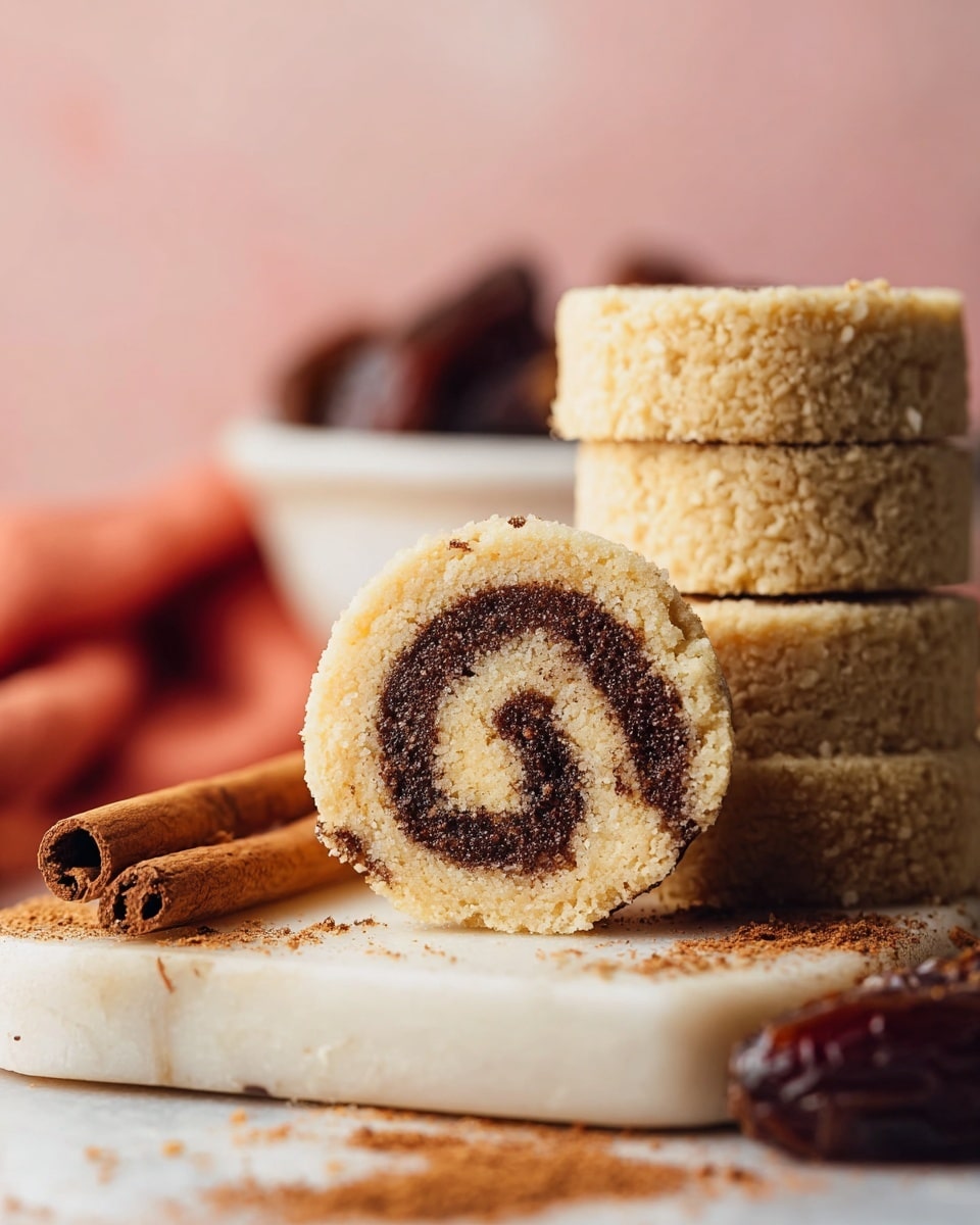 The image shows a close-up of a roll cookie with two main layers: a light beige outer layer made of crumbly dough and a dark brown inner spiral layer that looks smooth and rich. There are four more of these cookies stacked vertically behind the main cookie, creating a tower. The cookies are placed on a light beige cutting board set on a white marbled surface scattered with crumbs and cinnamon powder. Two cinnamon sticks lie horizontally near the front of the board. In the background, slightly blurred, there is a white bowl with dark brown dates and a peach-colored cloth to the side. The background is soft pink, adding warmth to the scene. Photo taken with an iphone --ar 4:5 --v 7