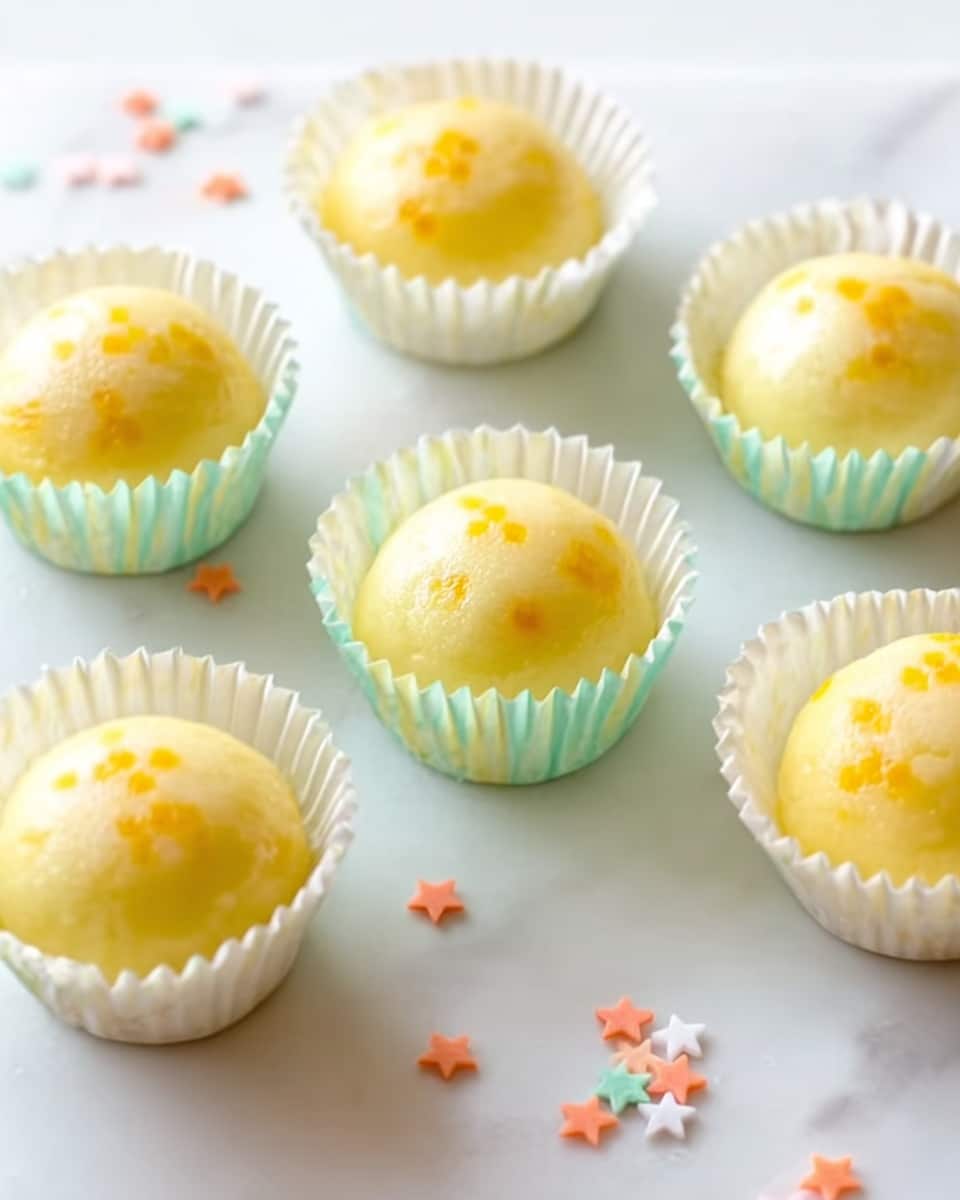 The image shows seven round yellow pastries placed in white paper cups with pastel green and white ridged edges, arranged on a white marbled surface. Each pastry has a smooth and slightly glossy texture with small darker yellow dots on top, creating a soft contrast. Tiny pastel-colored star-shaped sprinkles in orange, white, and light peach are scattered around the pastries on the surface. The soft lighting highlights the pastries' gentle shine and smooth surface, making them look fresh and inviting. photo taken with an iphone --ar 4:5 --v 7