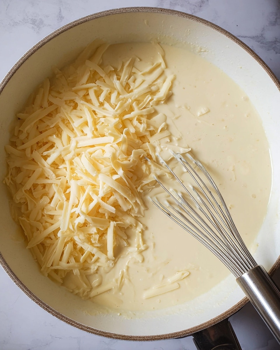 A white pan filled with creamy pale yellow sauce covering most of the space, with a pile of light yellow shredded cheese on the left side, and a silver whisk partially submerged in the sauce on the right side, resting near the cheese. The pan edges are slightly visible with a darker rim, set against a white marbled surface. Photo taken with an iphone --ar 4:5 --v 7