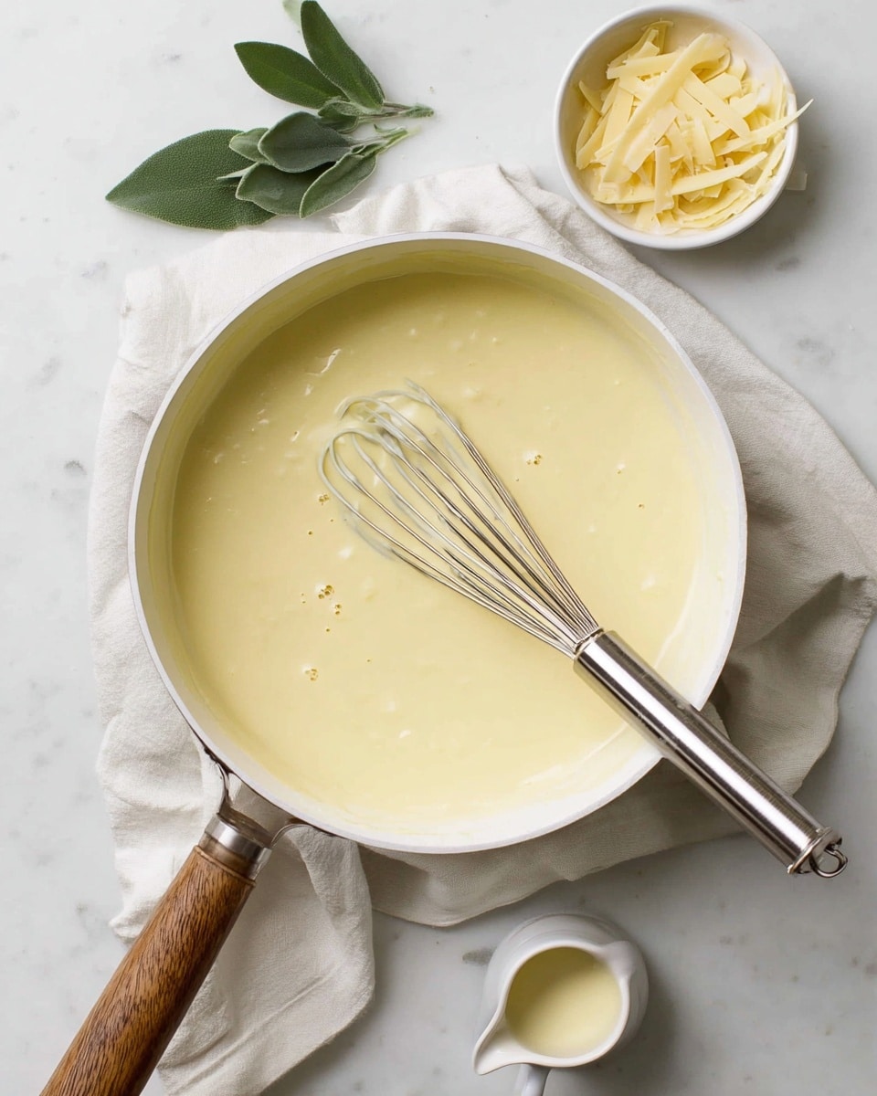 A white pot with a wooden handle contains a smooth, creamy, pale yellow sauce. Inside the pot lies a metal whisk with droplets of the sauce on its loops, resting on the sauce surface. The pot is placed on a soft white cloth over a white marbled surface. To the top right of the pot, there is a small white bowl filled with thin, pale yellow cheese strips, and slightly below it, a small white jug holds a light cream liquid. A few green leaves lay above the cloth near the top edge of the image. photo taken with an iphone --ar 4:5 --v 7