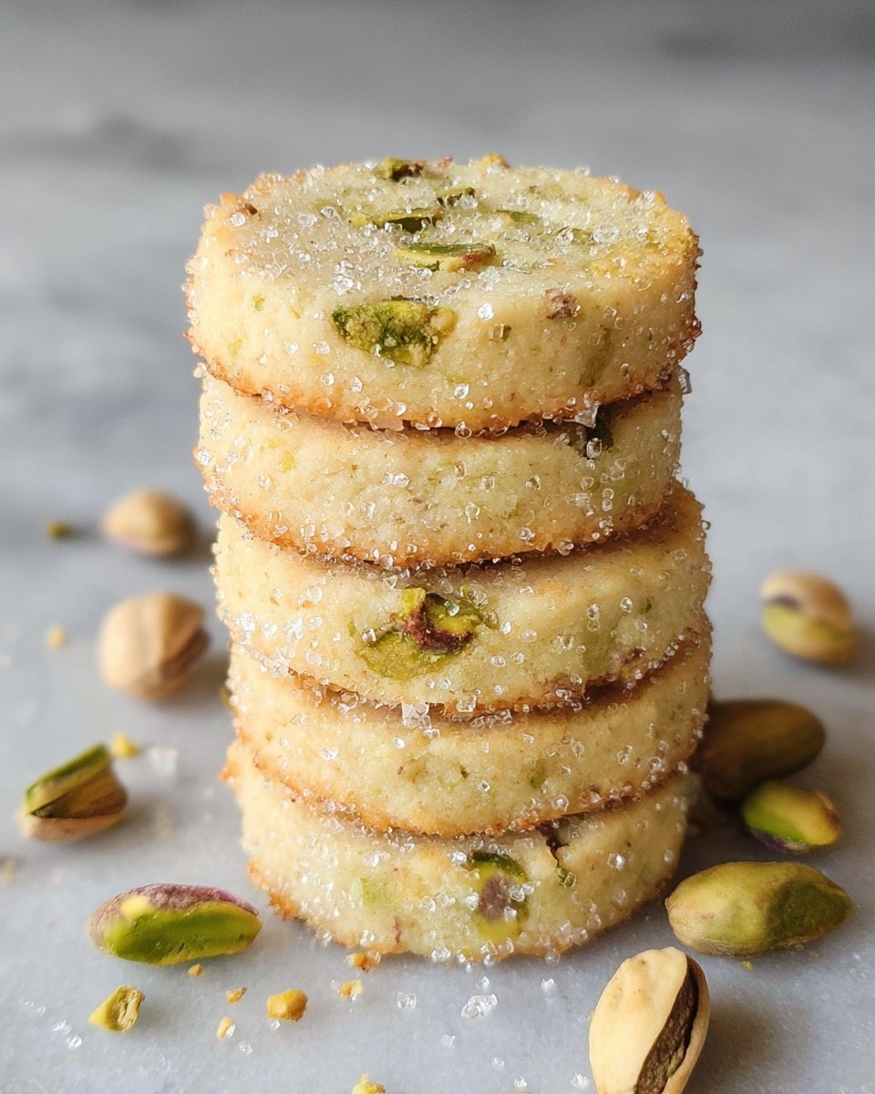 A stack of five round cookies with a light golden color and small green pistachio pieces baked inside; the edges of each cookie are coated with large, sparkling sugar crystals, giving a textured look. The stack sits on a white marbled surface scattered with whole and halved pistachio nuts and some sugar crystals. The cookies have a slightly crumbly, soft texture visible on the sides. Photo taken with an iphone --ar 4:5 --v 7